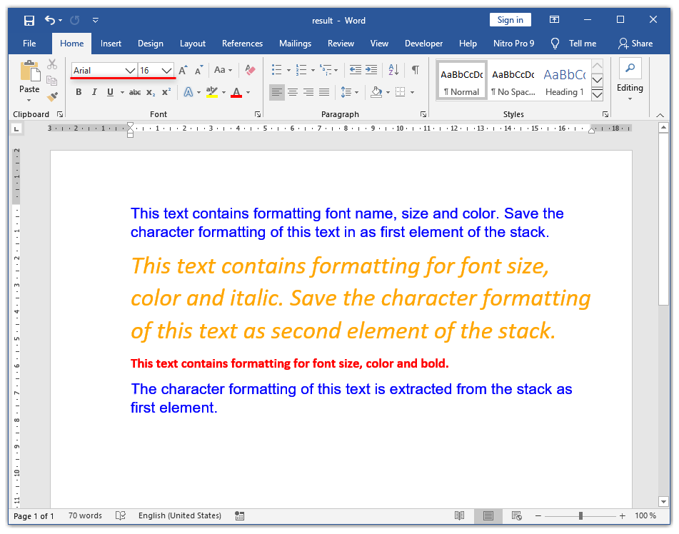 Character formatting on the stack