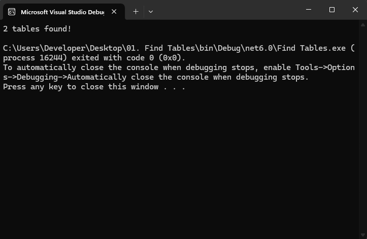 Find Table output