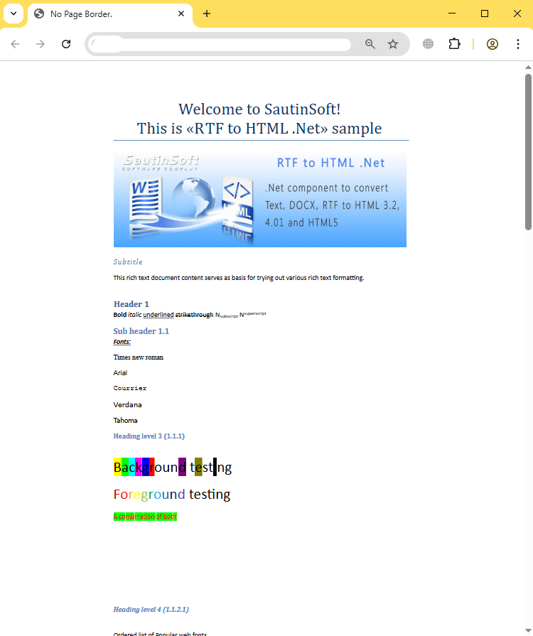 page border html output